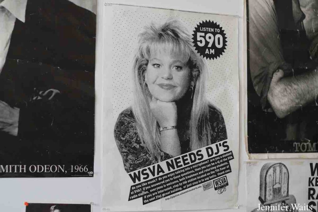 Vintage poster on the wall at college radio station WSVA from the early 2000s. Poster says: "Listen to 590 AM" and "WSVA needs DJ's." Photo: J. Waits